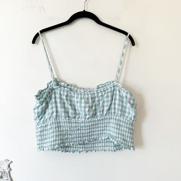 American Eagle Turquoise Gingham Cotton Linen Smocked Cami Cropped Top XL - Picture 4 of 9